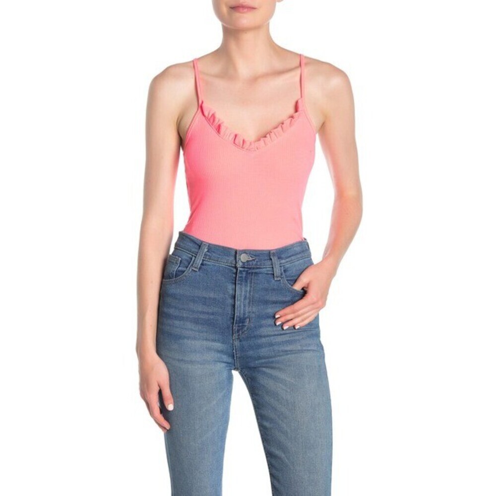 Know One Cares Ribbed Ruffle Tank Neon Pink Size L